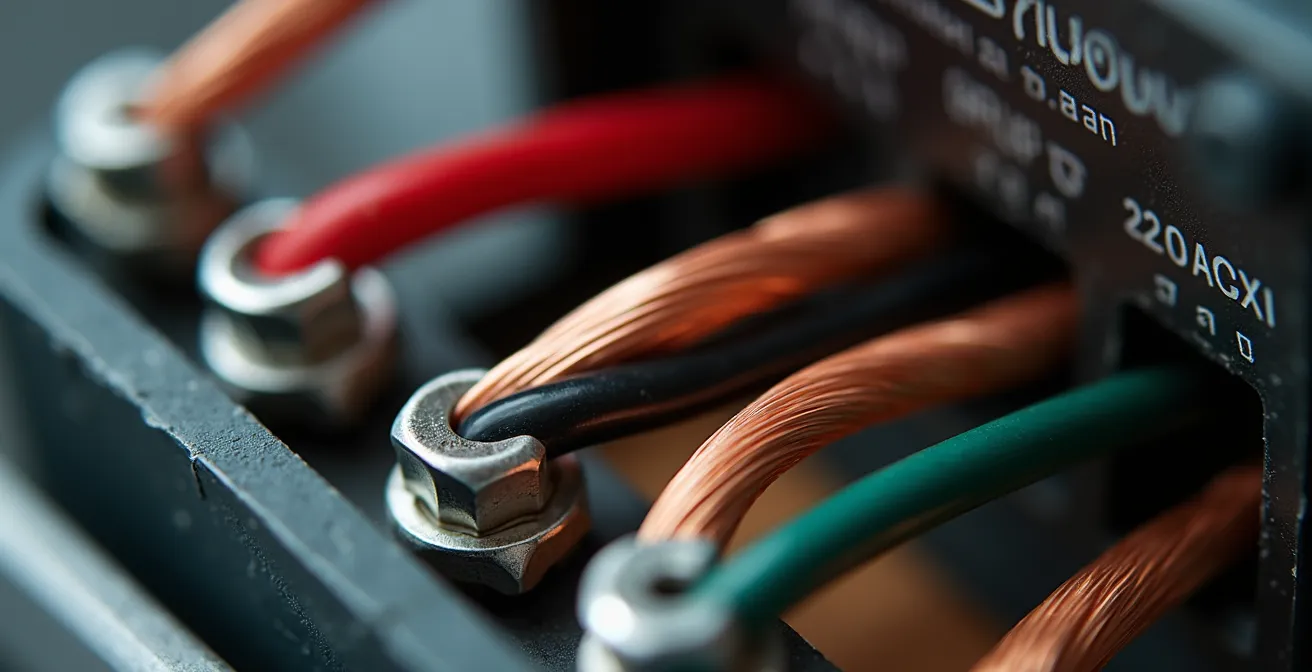 Gros plan sur une boîte électrique murale montrant le câblage avec et sans fil neutre