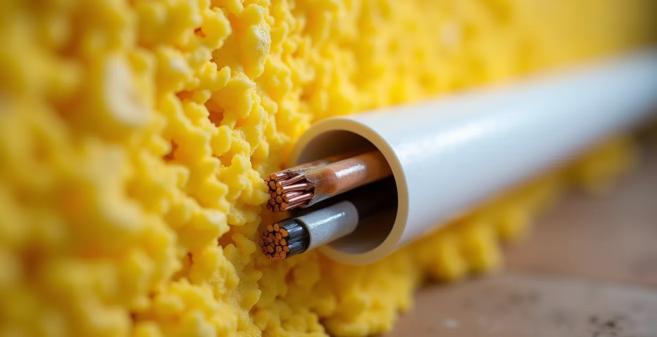 Installation sécuritaire de câbles électriques dans un conduit avant application d'uréthane giclé