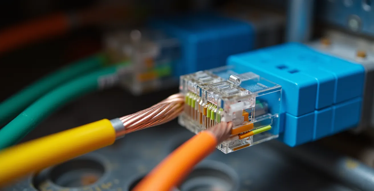 Gros plan sur l'installation de câbles Ethernet Cat6a dans un mur avec système PoE pour alimentation