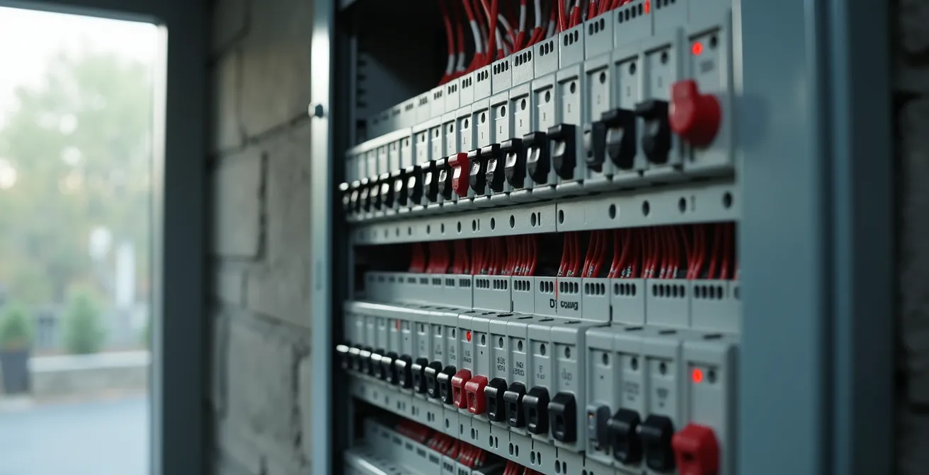 Vue détaillée d'un panneau électrique moderne avec disjoncteurs étiquetés et fils colorés organisés