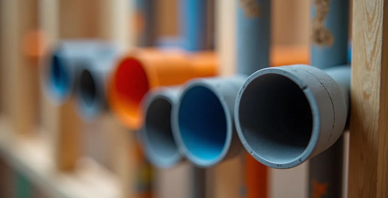 Gros plan macro sur des conduits électriques multicolores installés dans un mur ouvert