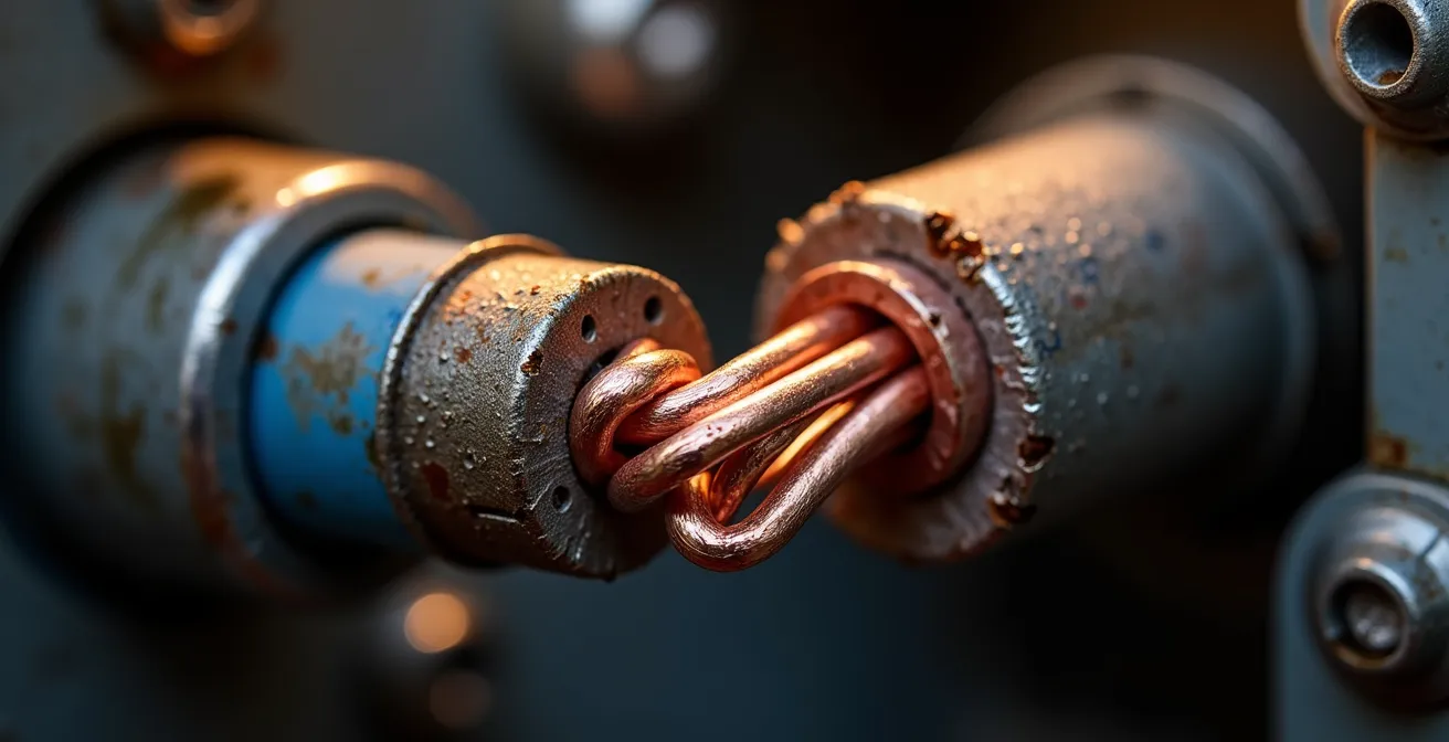 Macro détaillée montrant la connexion incorrecte entre fils d'aluminium et de cuivre avec signes visibles d'oxydation