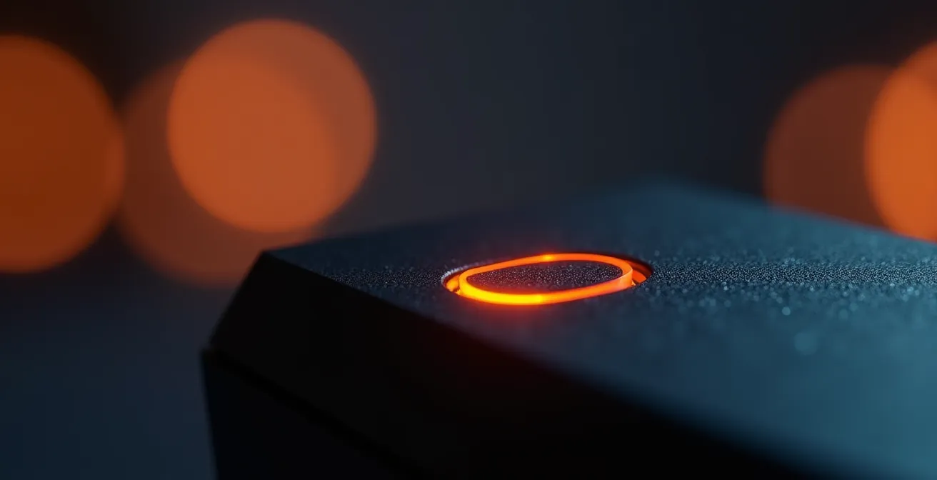 Gros plan macro sur les voyants LED d'une console de jeu moderne en mode veille