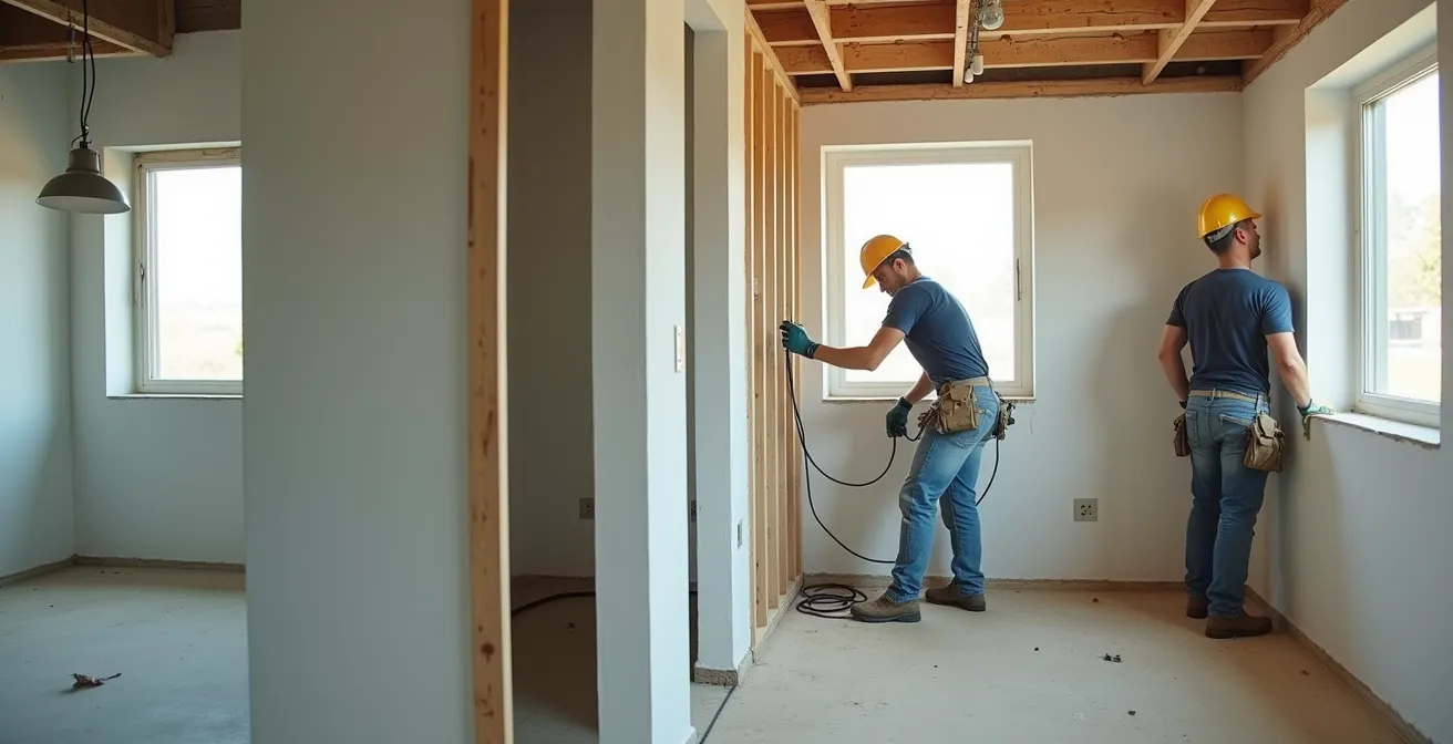 Vue d'ensemble minimaliste d'un chantier montrant la coordination entre électricien et autres corps de métier