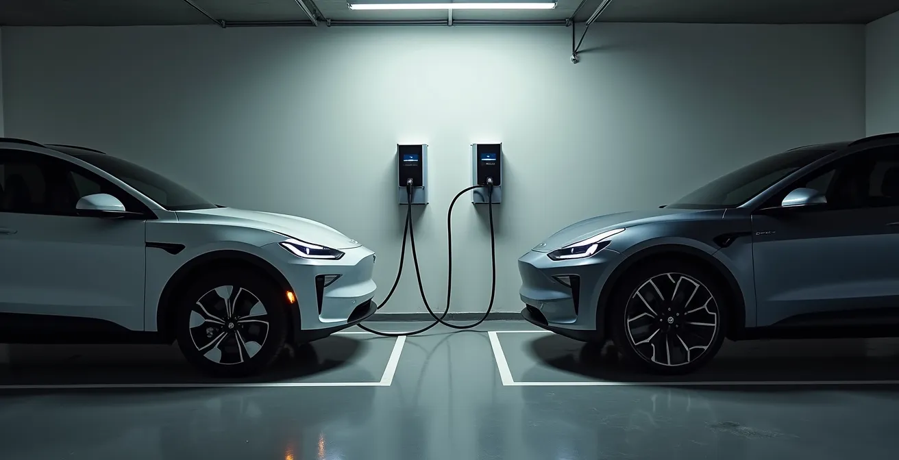 Garage résidentiel québécois avec deux véhicules électriques et système de partage de charge
