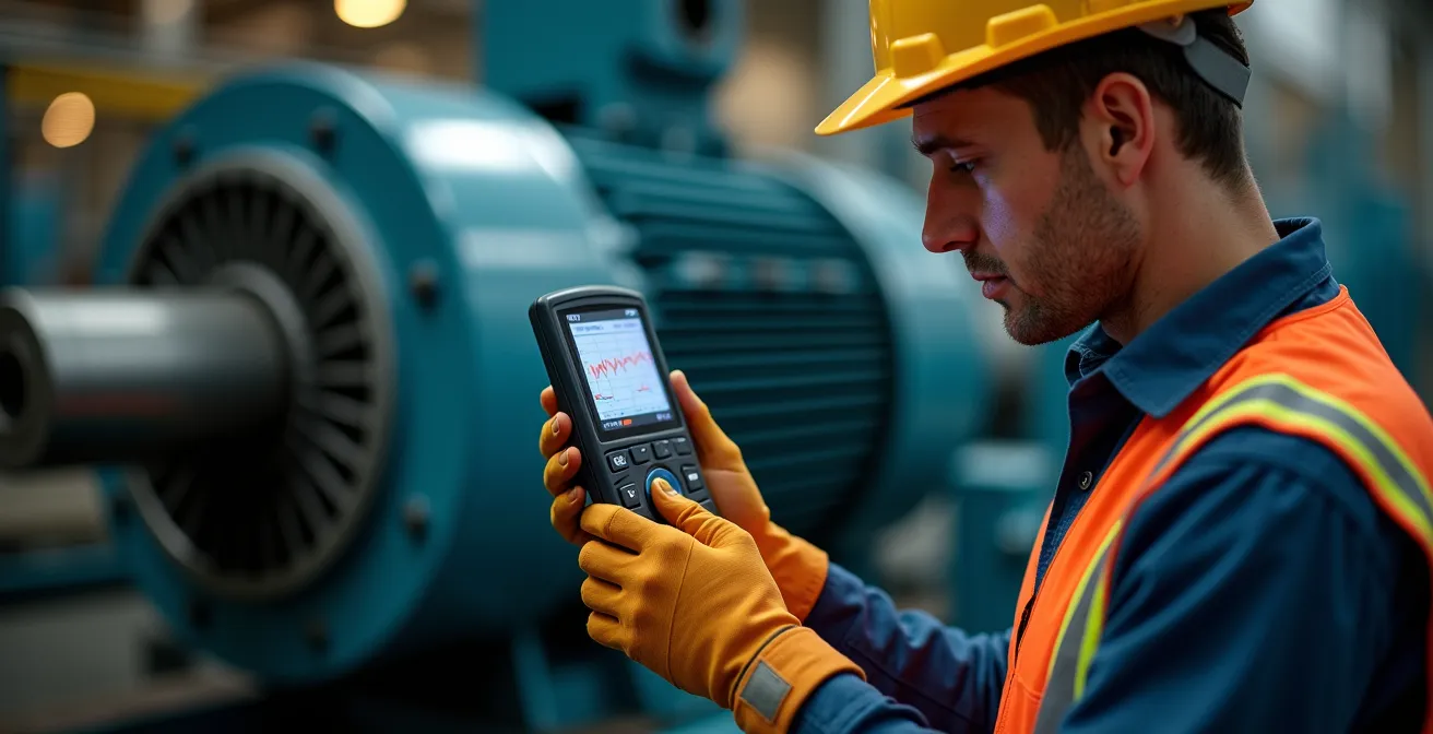 Technicien utilisant un analyseur de vibrations sur un moteur électrique industriel dans une usine québécoise