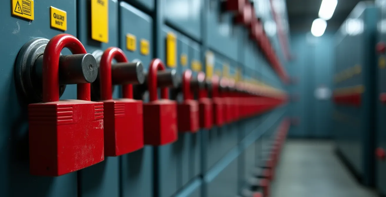 Dispositif de cadenassage multiple sur un sectionneur électrique industriel avec étiquettes de sécurité