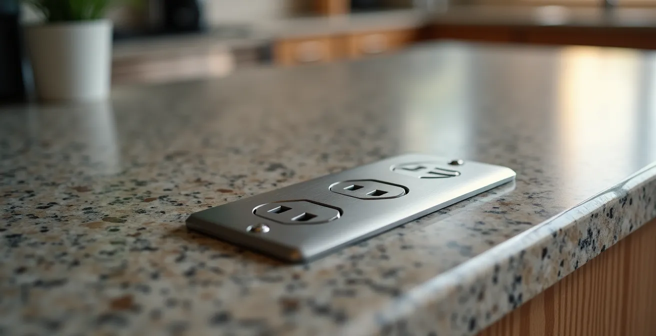 Vue aérienne d'un plan de cuisine montrant l'emplacement idéal des prises électriques