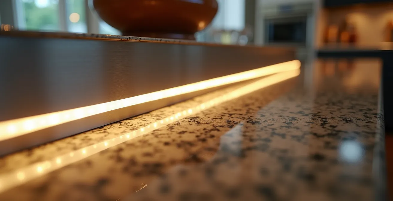 Système d'éclairage triangulé sur un îlot de cuisine avec spots et rubans DEL