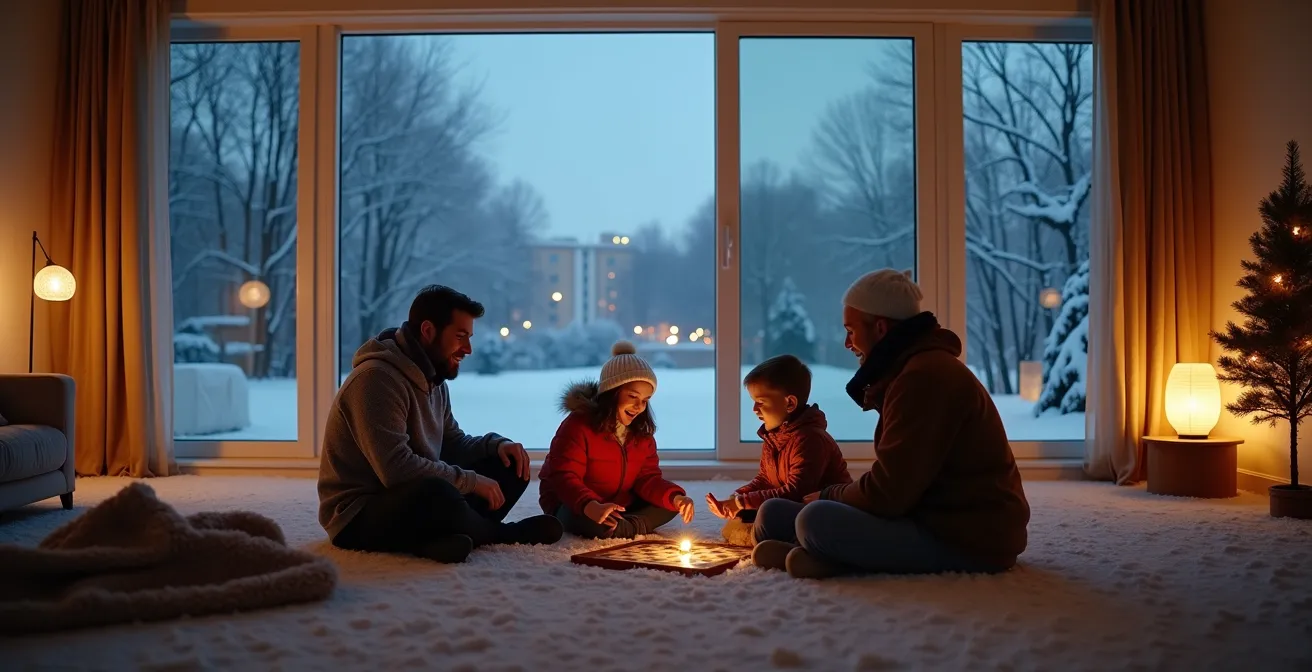 Famille québécoise détendue dans un salon chaleureux en hiver avec vue sur paysage enneigé