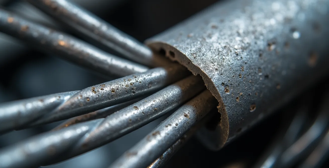 Déformation progressive d'un fil d'aluminium sous la pression d'une vis de connexion