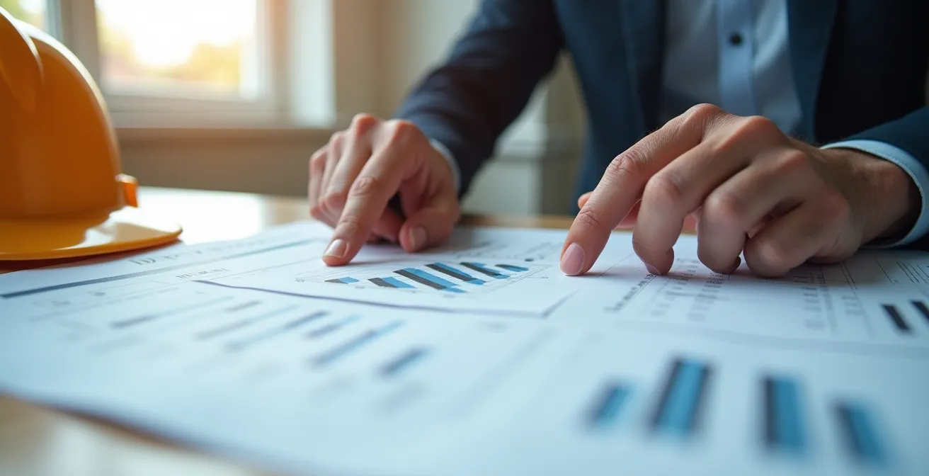 Vue d'un bureau d'ingénieur avec calculatrice, plans électriques et graphiques de ROI sur table de travail