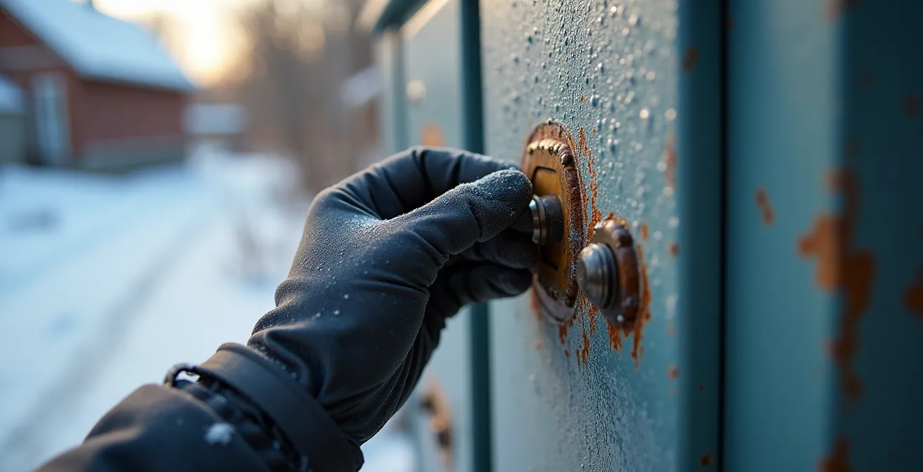 Inspection hivernale du sectionneur extérieur d'une thermopompe au Québec avec accumulation de neige