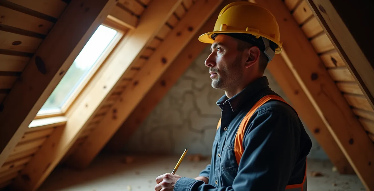 Inspection de la structure de charpente d'un toit québécois avant installation de panneaux solaires
