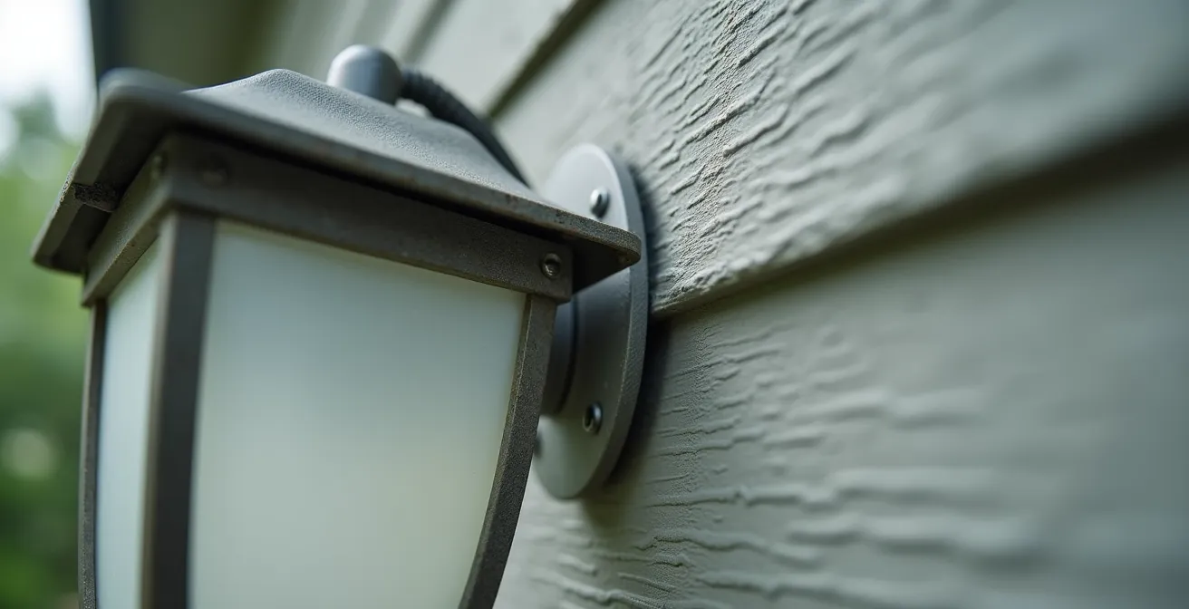 Gros plan sur l'installation d'un luminaire extérieur avec bloc de montage sur revêtement Canexel