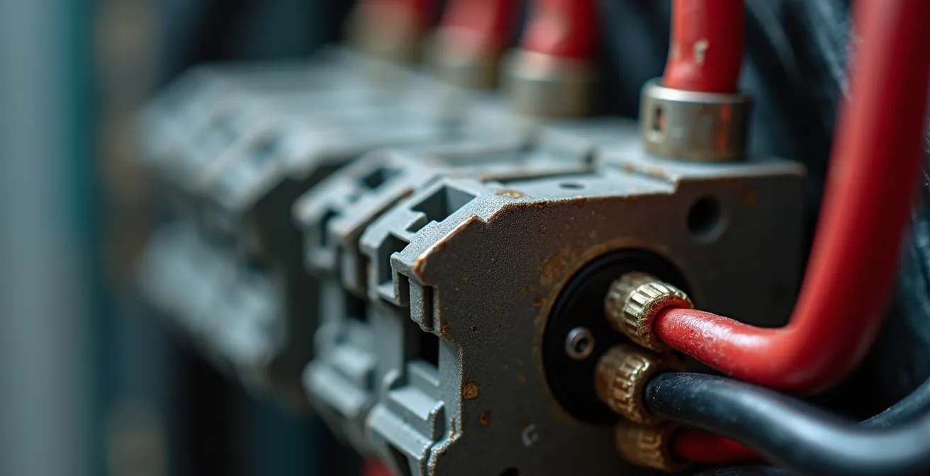 Gros plan sur l'installation d'un parasurtenseur Type 2 dans un panneau électrique résidentiel