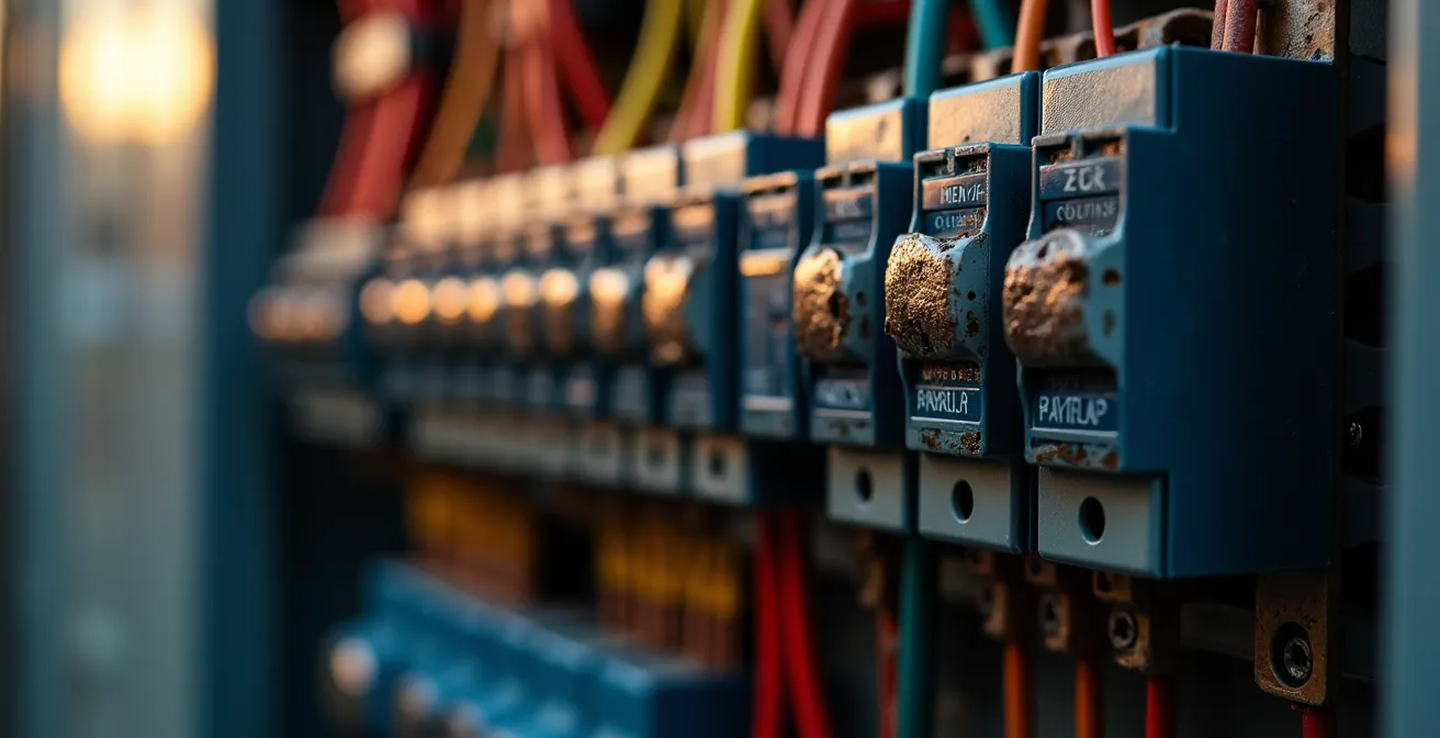 Vue détaillée d'un panneau électrique 200 ampères moderne avec disjoncteurs organisés et câblage professionnel