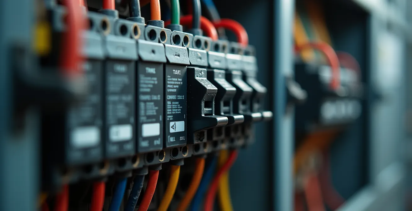 Gros plan sur panneau électrique commercial avec circuits étiquetés et organisation professionnelle