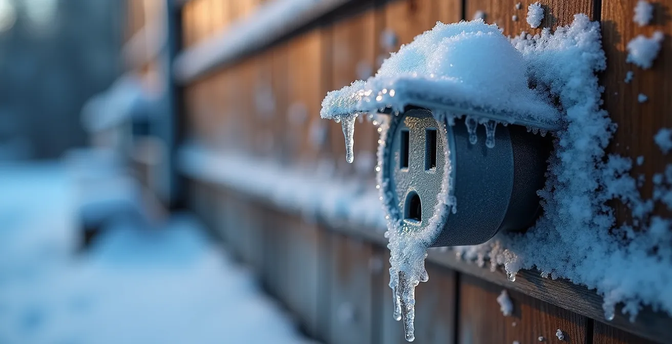 Prise électrique extérieure avec traces de gel et condensation en hiver québécois