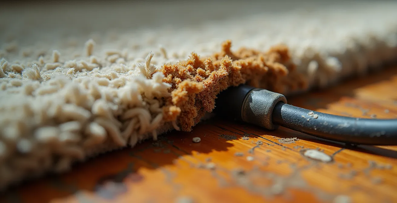 Vue macro d'une rallonge électrique surchauffée sous un tapis avec signes de dégradation thermique