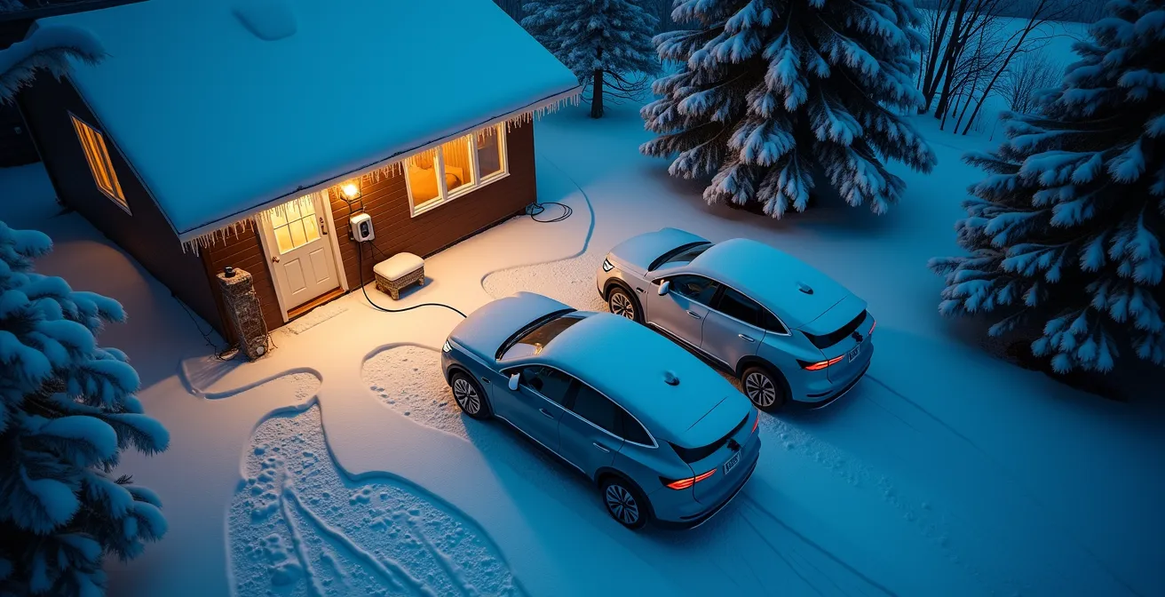 Véhicules électriques en recharge durant une nuit d'hiver québécoise