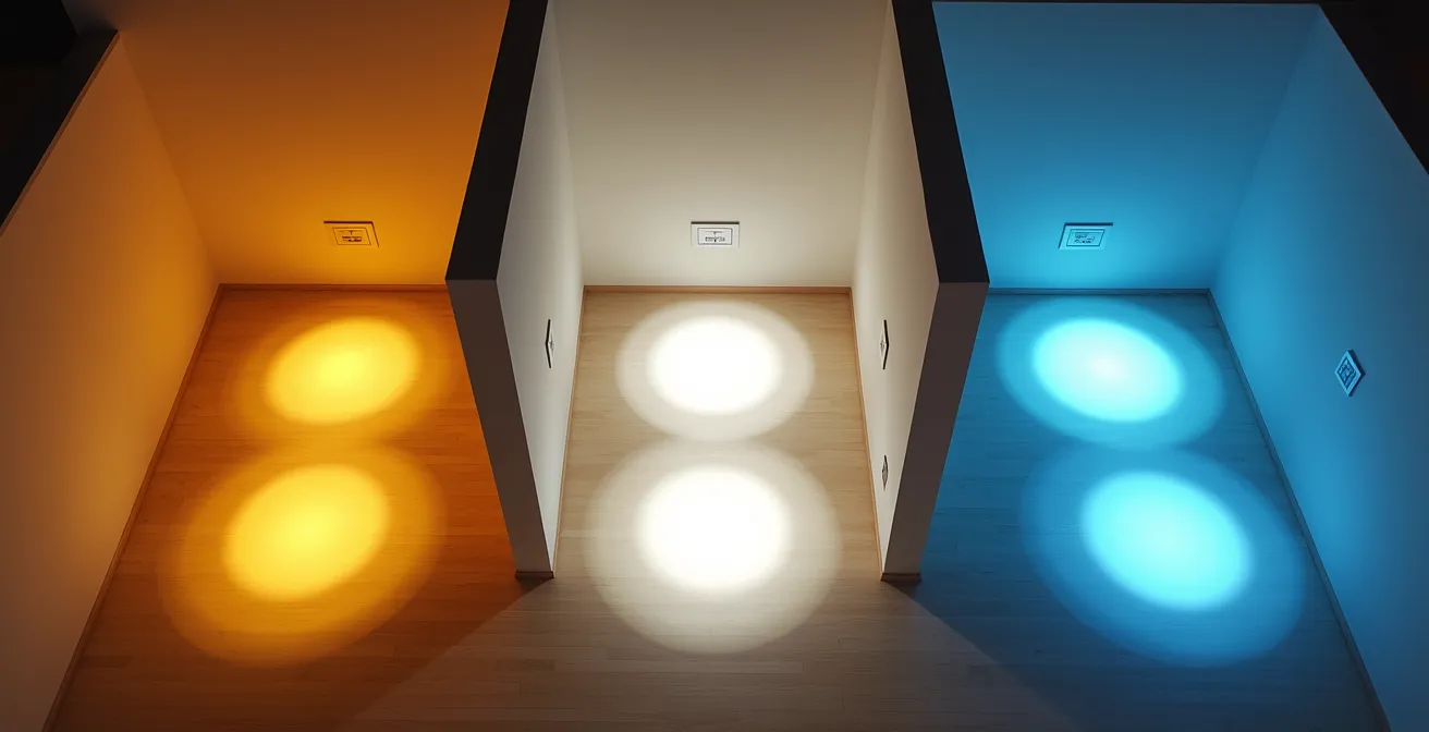 Vue aérienne d'une aire ouverte montrant trois zones d'éclairage avec circuits distincts colorés différemment