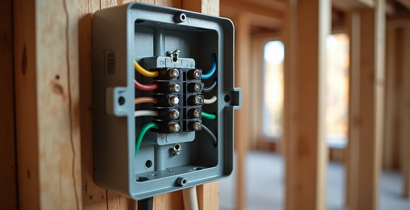 Vue rapprochée d'une boîte de jonction électrique montrant les fils neutre et terre