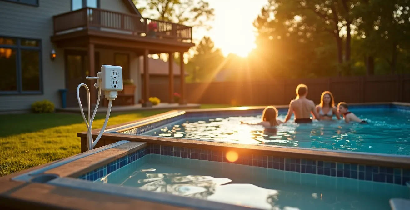 Vue d'ensemble d'une cour avec piscine hors-terre montrant les distances sécuritaires des installations électriques