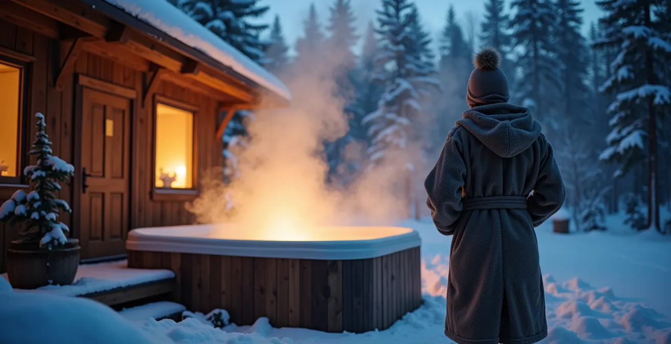 Spa extérieur en hiver avec couverture isolante et vapeur dans l'air froid