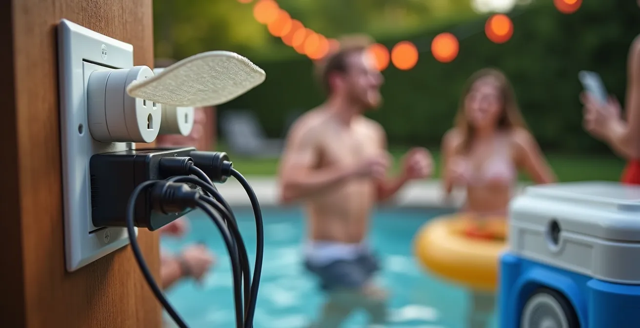 Équipements électriques typiques d'un party de piscine québécois montrant le risque de surcharge