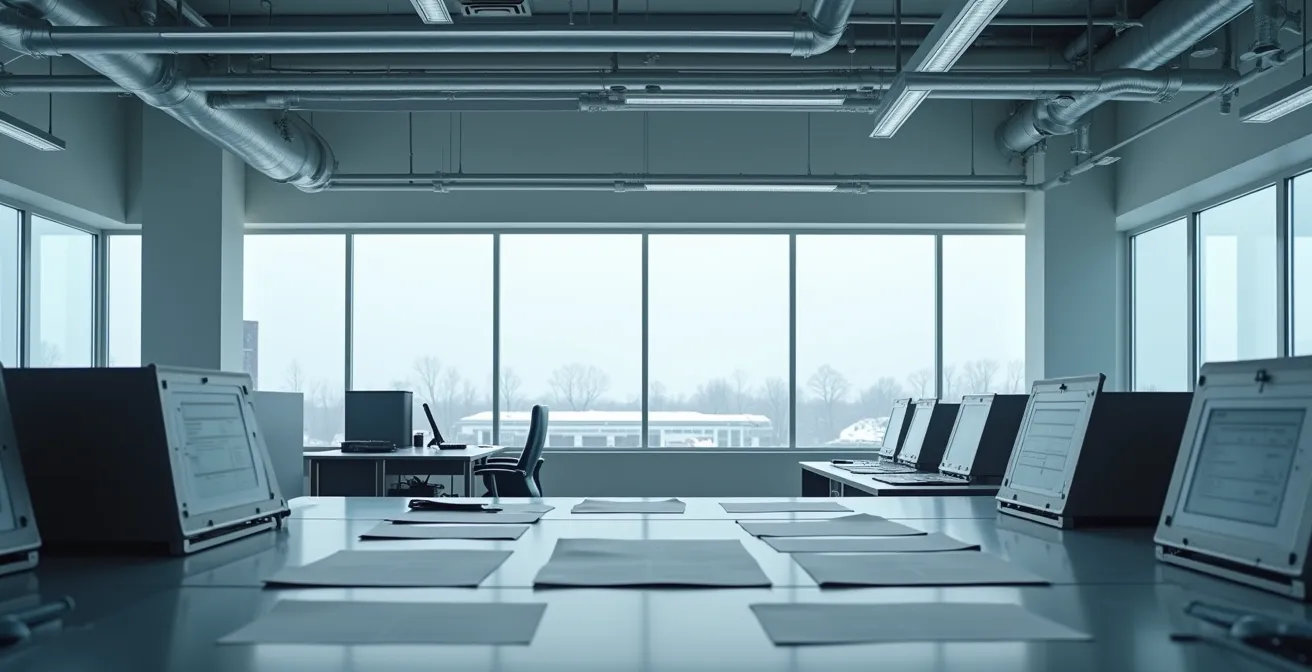 Vue minimaliste d'un espace de contrôle énergétique industriel québécois