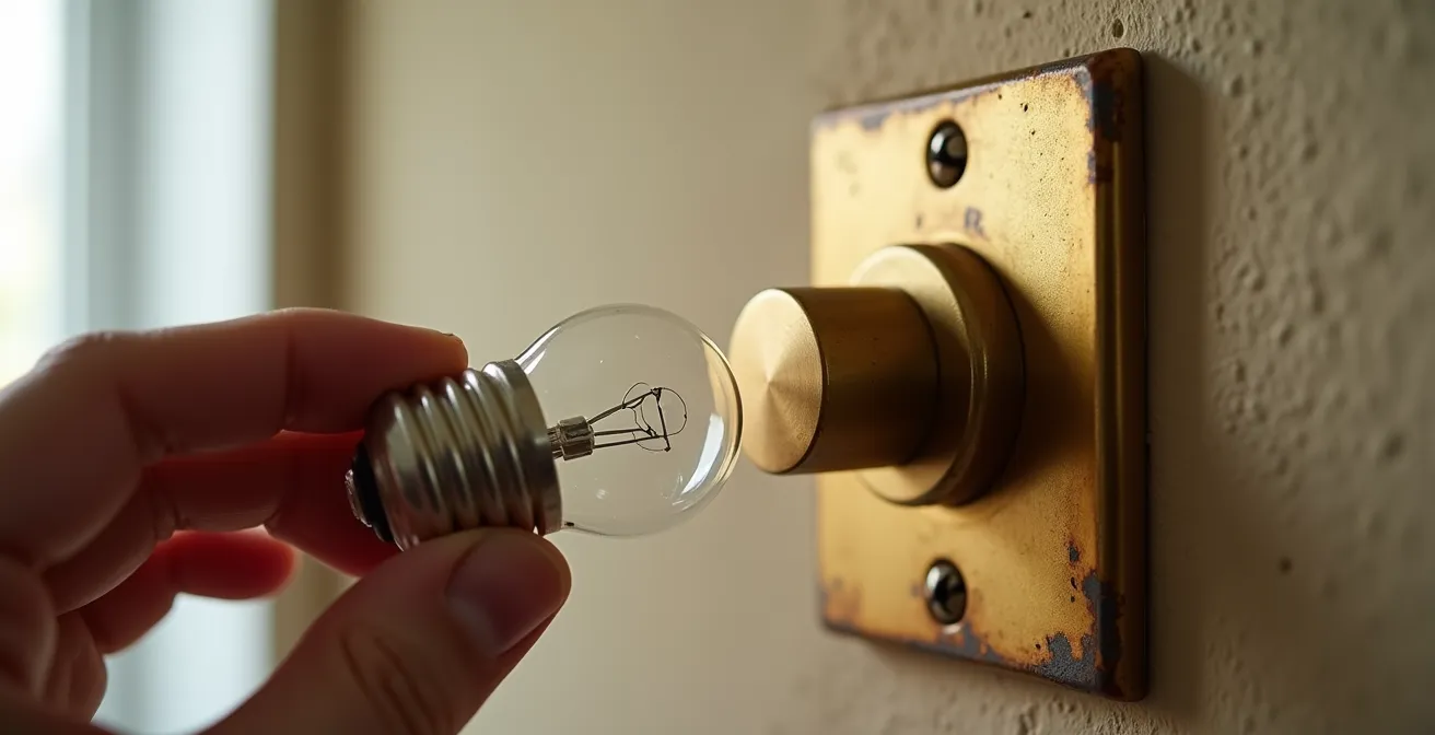 Main tenant une ampoule DEL unique près d'un vieux gradateur mural avec interrupteur rotatif