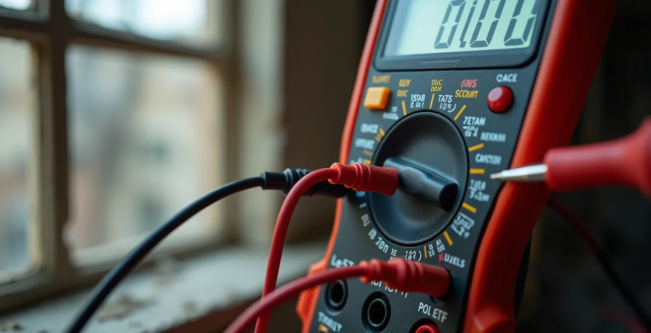 Gros plan sur un multimètre testant un fil de contact d'alarme près d'une fenêtre en rénovation