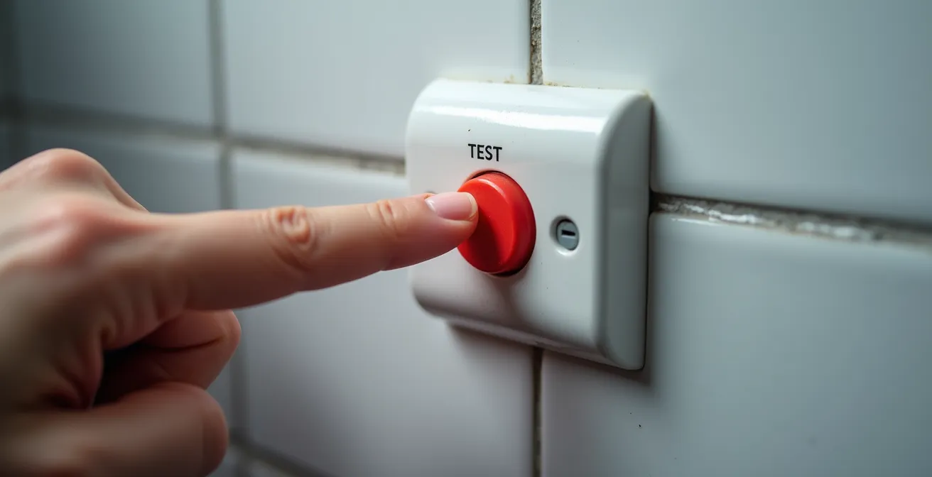 Gros plan d'une main testant les boutons TEST et RESET d'une prise DDFT