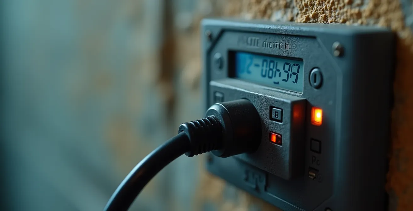 Wattmètre branché dans une prise murale mesurant la consommation d'un appareil