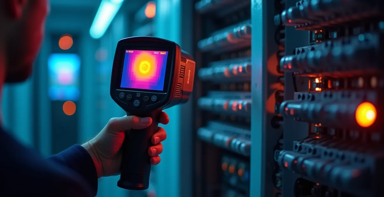 Technicien utilisant une caméra thermographique sur un panneau électrique industriel en fonctionnement