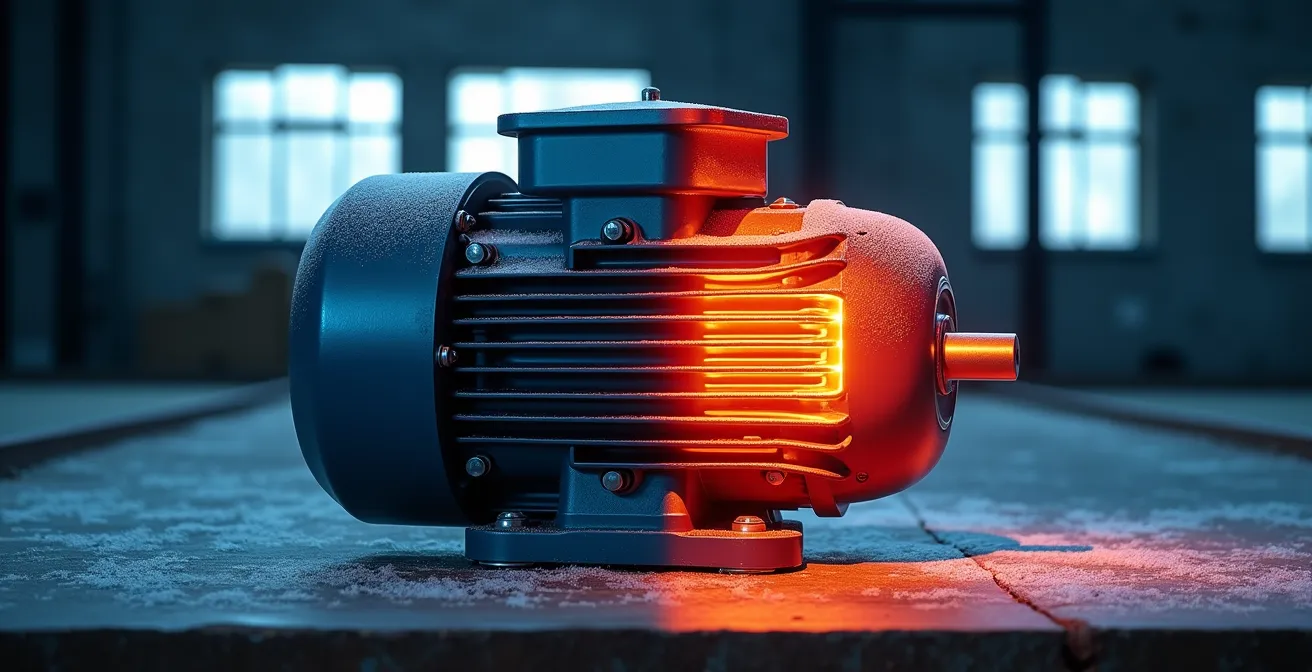 Image thermographique d'un moteur électrique montrant les zones de chaleur critiques en conditions hivernales québécoises