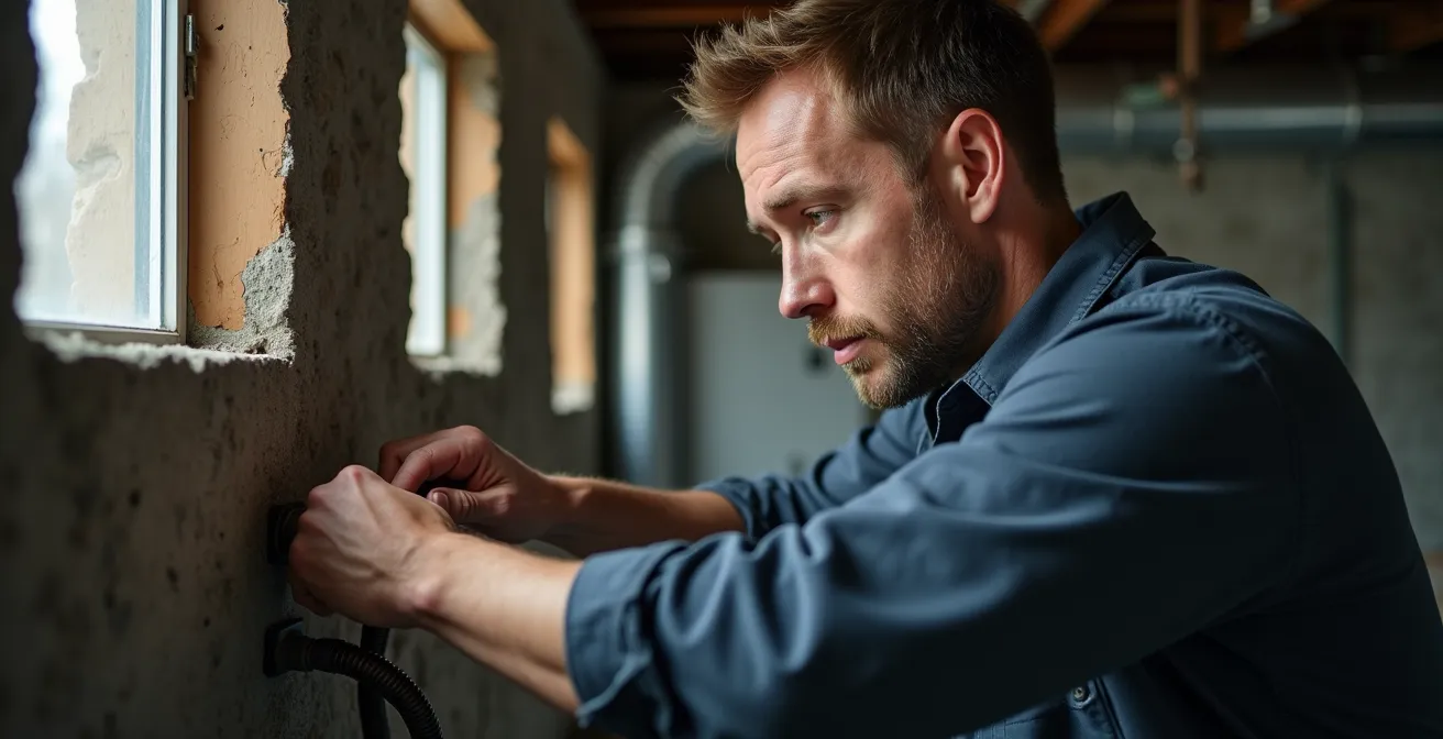 Thermopompe centrale installée dans un sous-sol québécois avec conduits de ventilation
