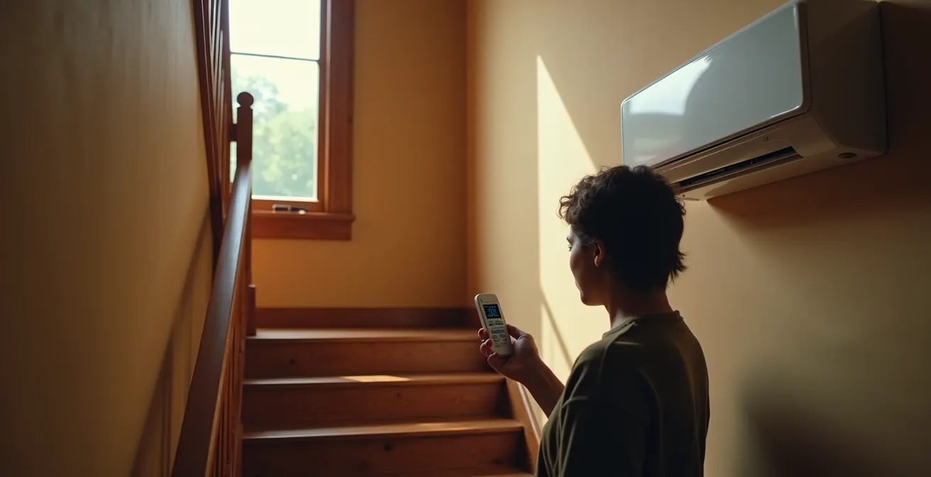 Vue intérieure d'un escalier de maison québécoise avec thermopompe murale installée