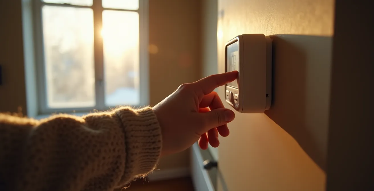 Main ajustant un thermostat électronique mural dans un intérieur québécois chaleureux
